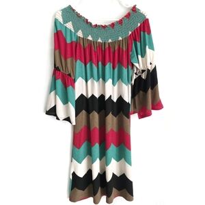 Chevron Off-Shoulder Bell Sleeve Dress in Teal, Red, Black, Brown, and White L